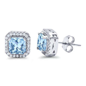 Halo Stud Earrings Wedding Princess Cut Simulated Aquamarine CZ Solid 925 Sterling Silver